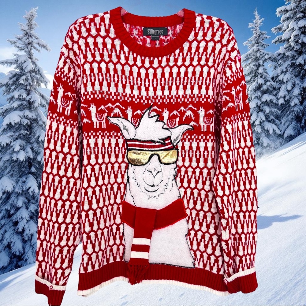 33 Degrees Size Large (unisex) Llama w/Sunglasses & Scarf Christmas Sweater